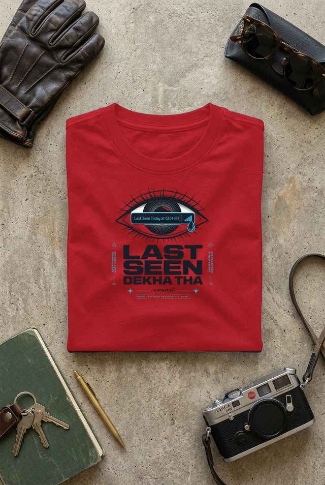 Vipaniq Last Seen Dekha Tha Classic T-Shirt in Red – flat lay