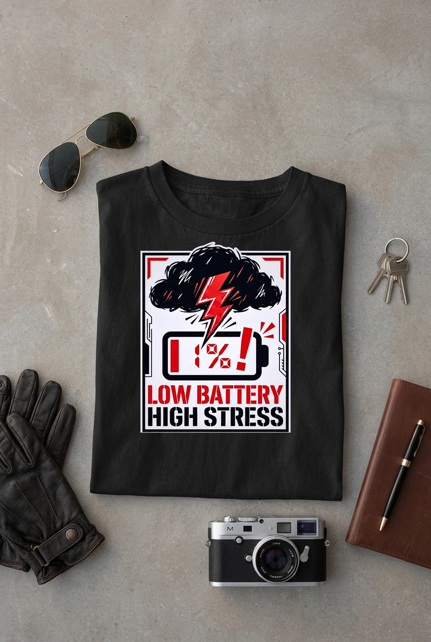Vipaniq Low Battery High Stress Classic T-Shirt in Black – flat lay