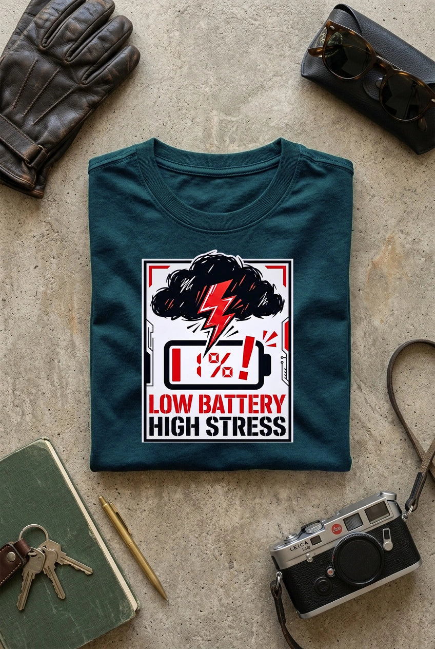 Vipaniq Low Battery High Stress Classic T-Shirt in Petrol Blue – flat lay