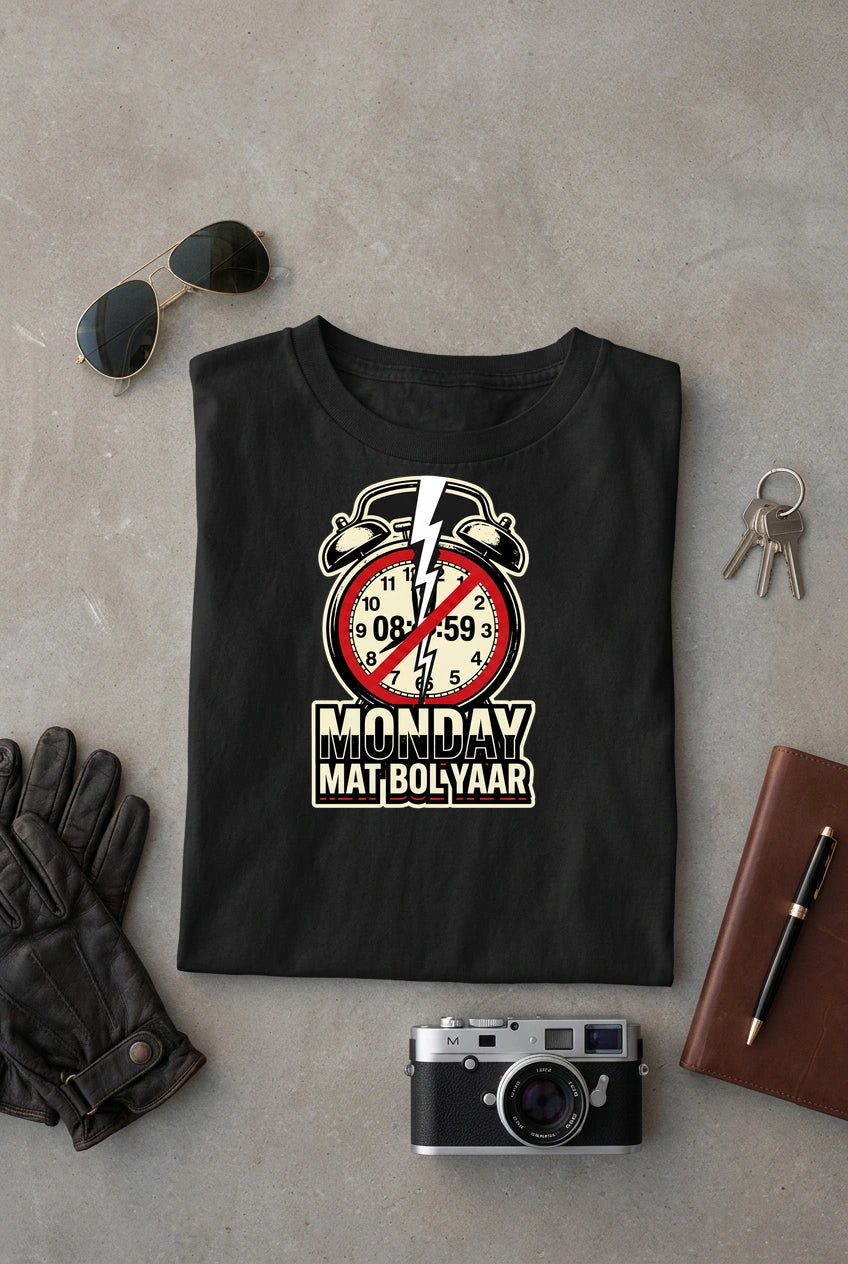 Vipaniq Monday Mat Bol Yaar Classic T-Shirt in Black – flat lay