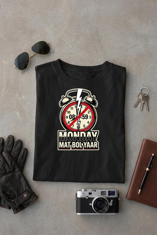 Vipaniq Monday Mat Bol Yaar Classic T-Shirt in Black – flat lay