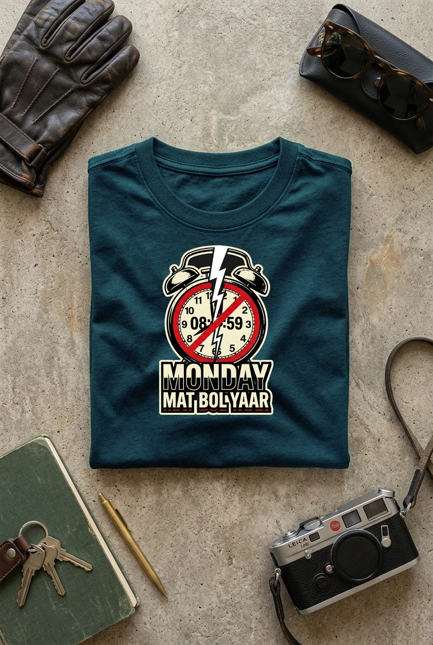 Vipaniq Monday Mat Bol Yaar Classic T-Shirt in Petrol Blue – flat lay