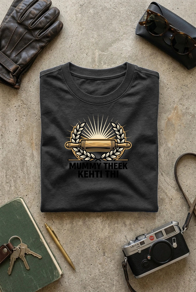 Vipaniq Mummy Theek Kehti Thi Classic T-Shirt in Charcoal Melange – flat lay