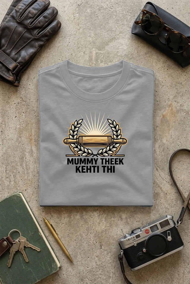 Vipaniq Mummy Theek Kehti Thi Classic T-Shirt in Grey Melange – flat lay