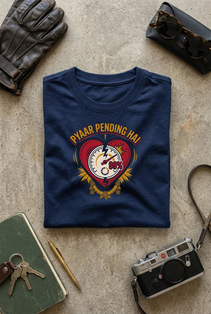 Vipaniq Pyaar Pending Hai Classic T-Shirt in Navy Blue – flat lay