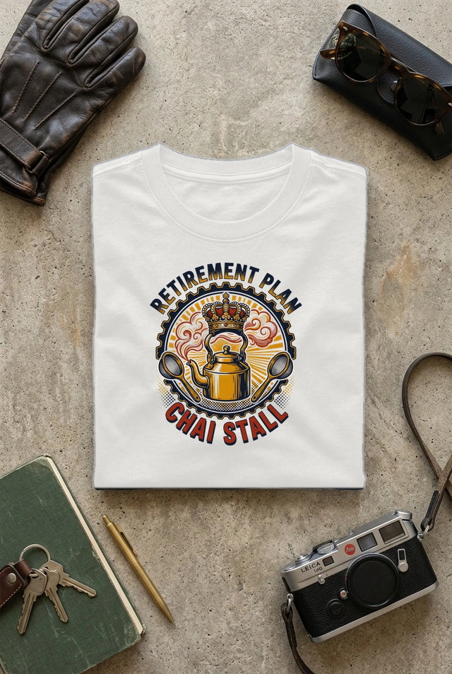 Vipaniq Retirement Plan Chai Stall Classic T-Shirt in White – flat lay