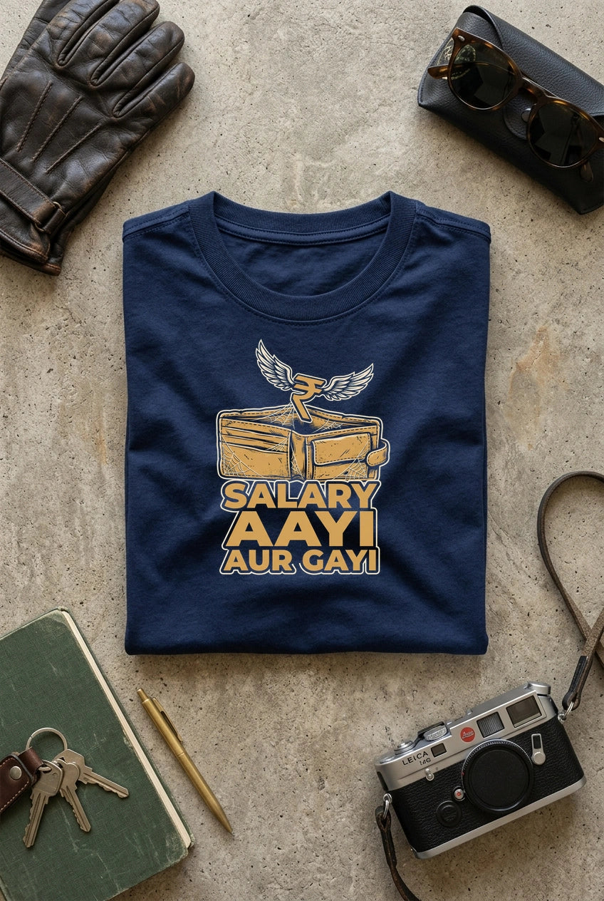 Vipaniq Salary Aayi Aur Gayi Classic T-Shirt in Navy Blue – flat lay