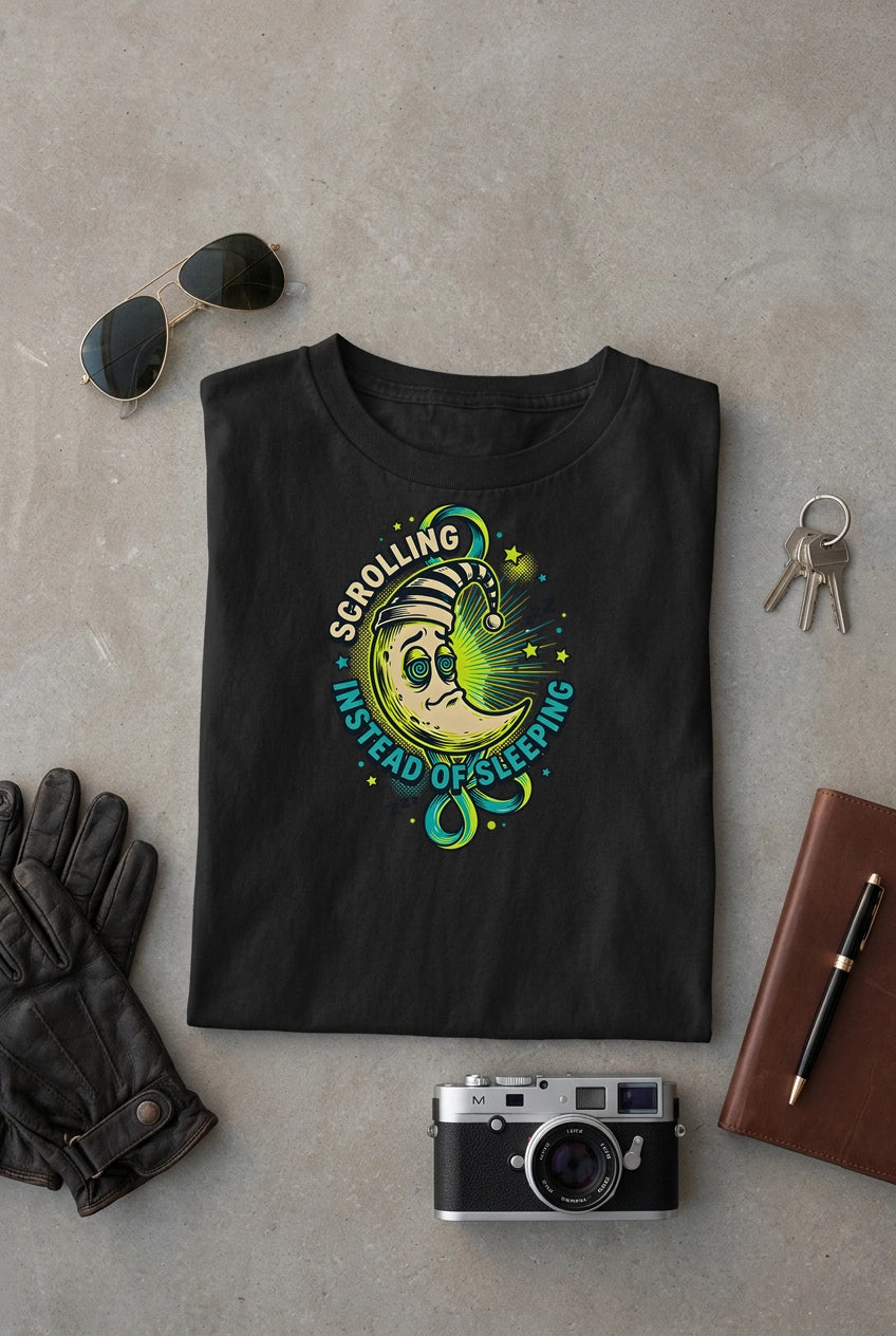 Vipaniq Scrolling Instead Of Sleeping Classic T-Shirt in Black – flat lay
