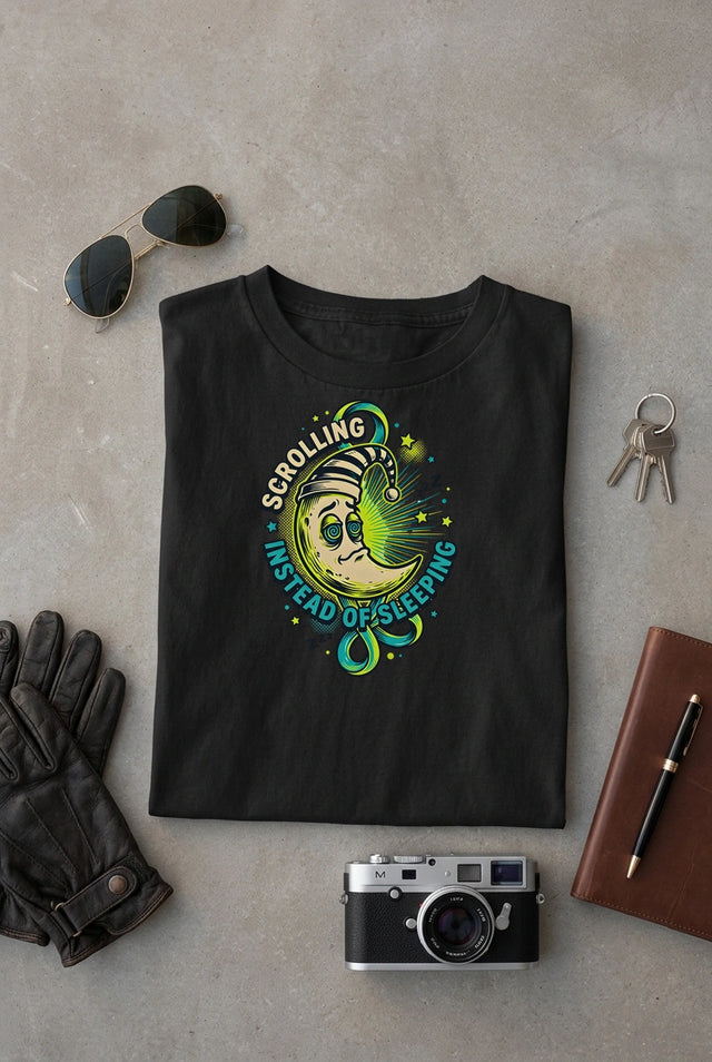 Vipaniq Scrolling Instead Of Sleeping Classic T-Shirt in Black – flat lay