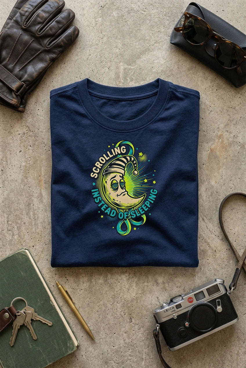 Vipaniq Scrolling Instead Of Sleeping Classic T-Shirt in Navy Blue – flat lay
