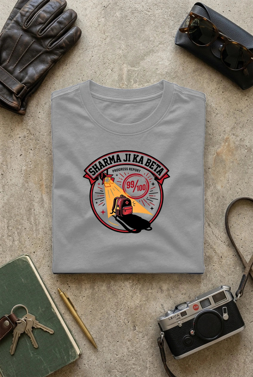 Vipaniq Sharma Ji Ka Beta Classic T-Shirt in Grey Melange – flat lay