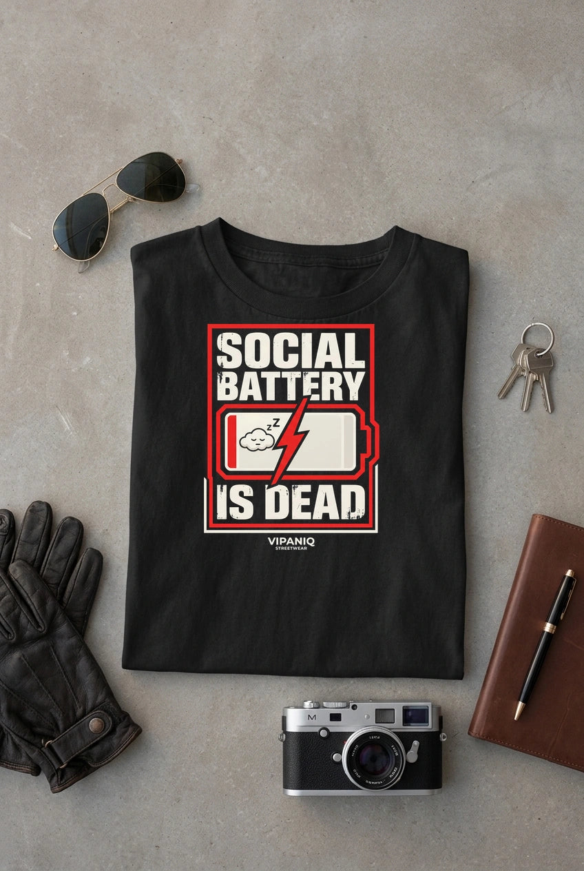 Vipaniq Social Battery Is Dead Classic T-Shirt in Black – flat lay