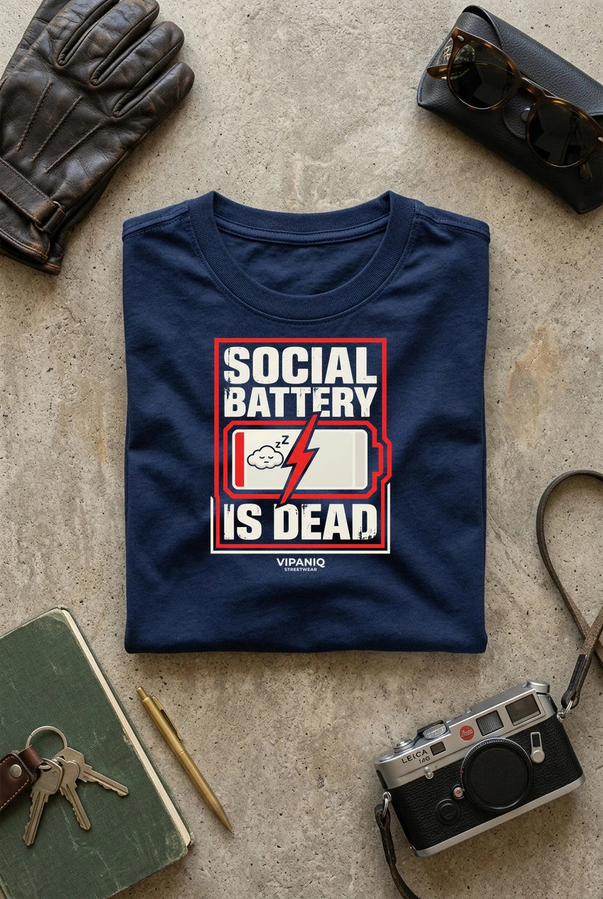 Vipaniq Social Battery Is Dead Classic T-Shirt in Navy Blue – flat lay