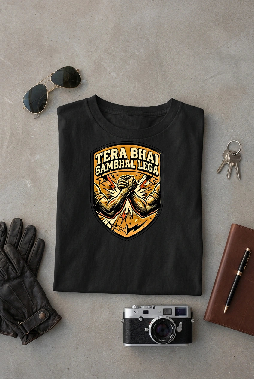 Vipaniq Tera Bhai Sambhal Lega Classic T-Shirt in Black – flat lay