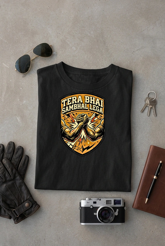 Vipaniq Tera Bhai Sambhal Lega Classic T-Shirt in Black – flat lay