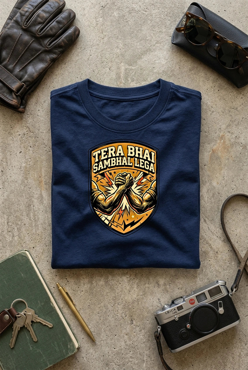 Vipaniq Tera Bhai Sambhal Lega Classic T-Shirt in Navy Blue – flat lay