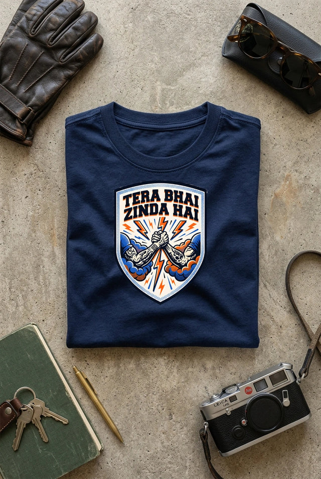 Vipaniq Tera Bhai Zinda Hai Classic T-Shirt in Navy Blue – flat lay