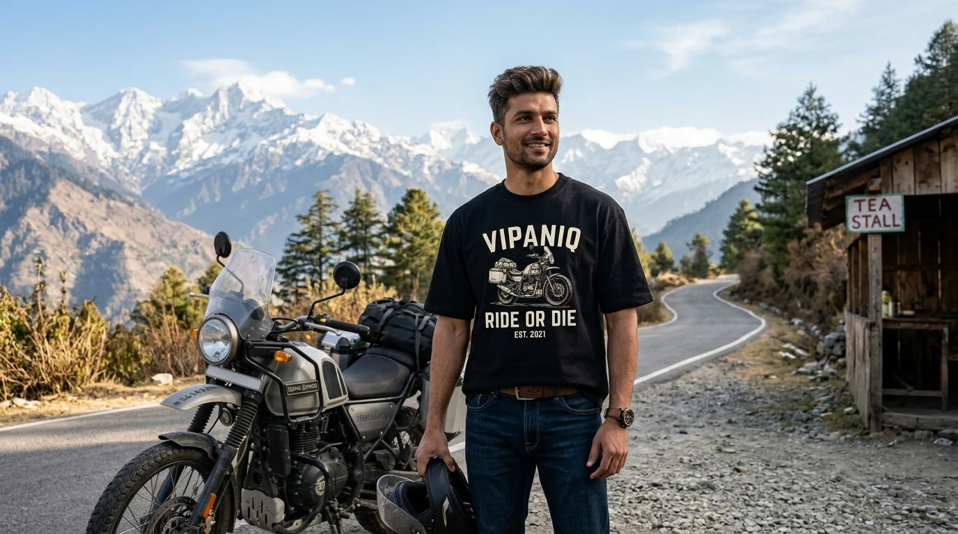 Kabir wearing VIPANIQ Ride Or Die Oversized Graphic T-Shirt on Himalayan Pass