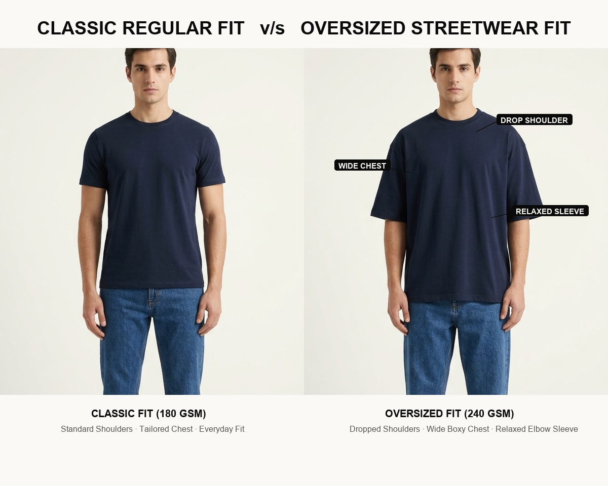 VIPANIQ Classic Regular Fit vs Oversized Streetwear Fit comparison guide showing shoulder drop, chest width, and sleeve difference